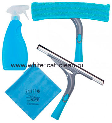Компания «Белый кот»: Набор для мытья окон: салфетка для стекла, платформа для мытья окон с насадкой, скребок «Универсальный» и распылитель для воды